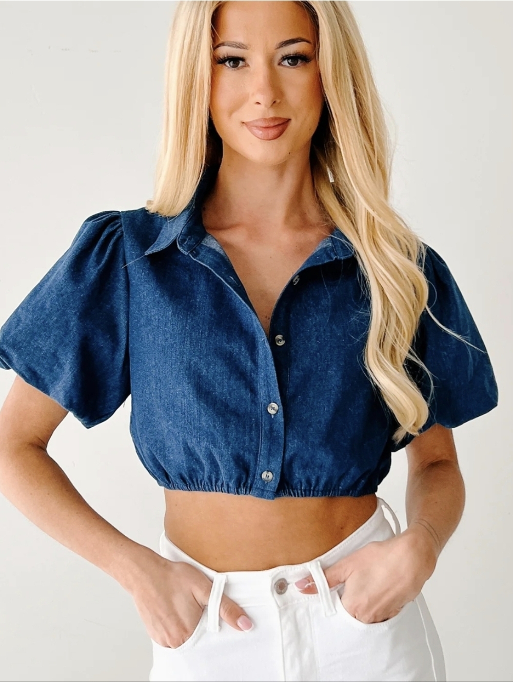 Puff Sleeve Collared Denim Crop Top - Light Denim Blue